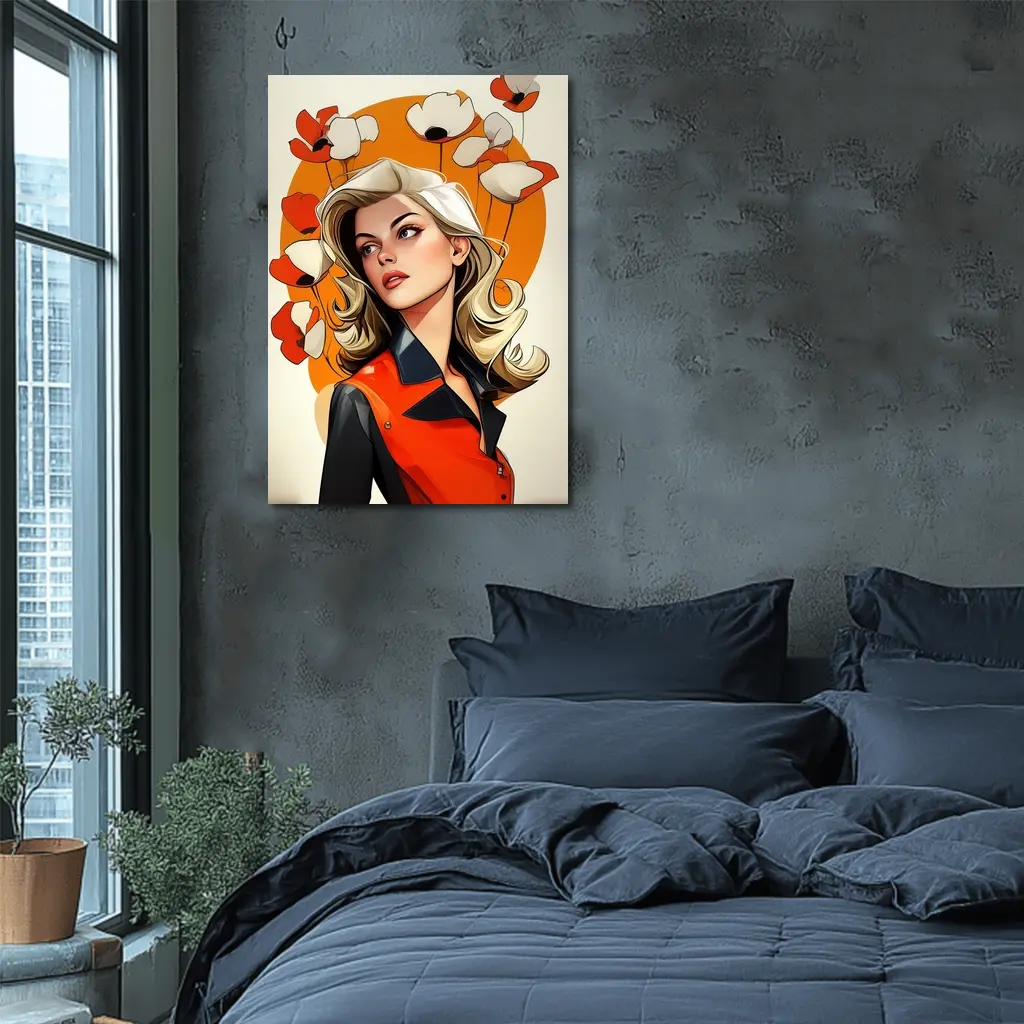 Retro Blonde Woman Poppies Orange Circle Art – Wall Art