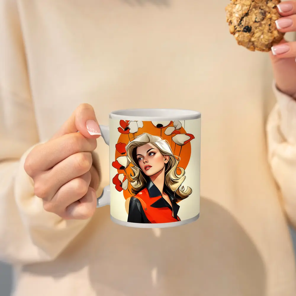 Retro Blonde Woman Poppies Orange Circle Art – Mugs