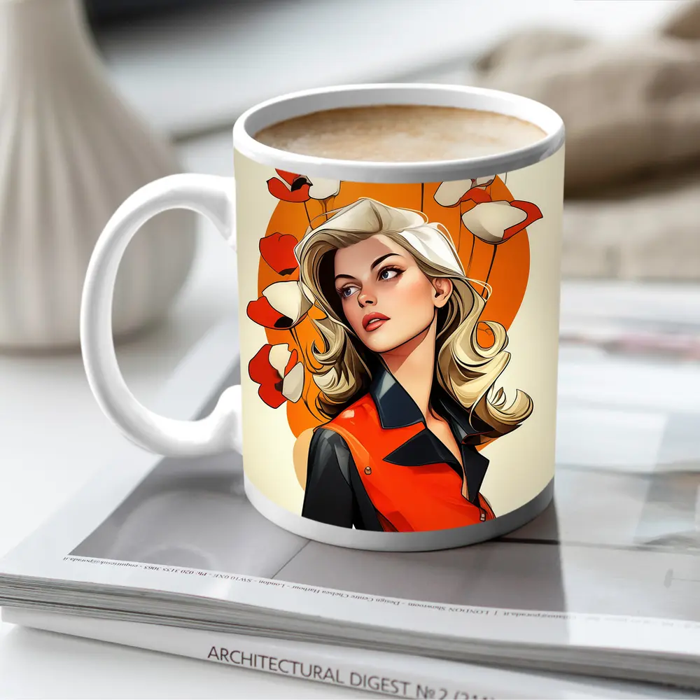 Retro Blonde Woman Poppies Orange Circle Art – Mugs