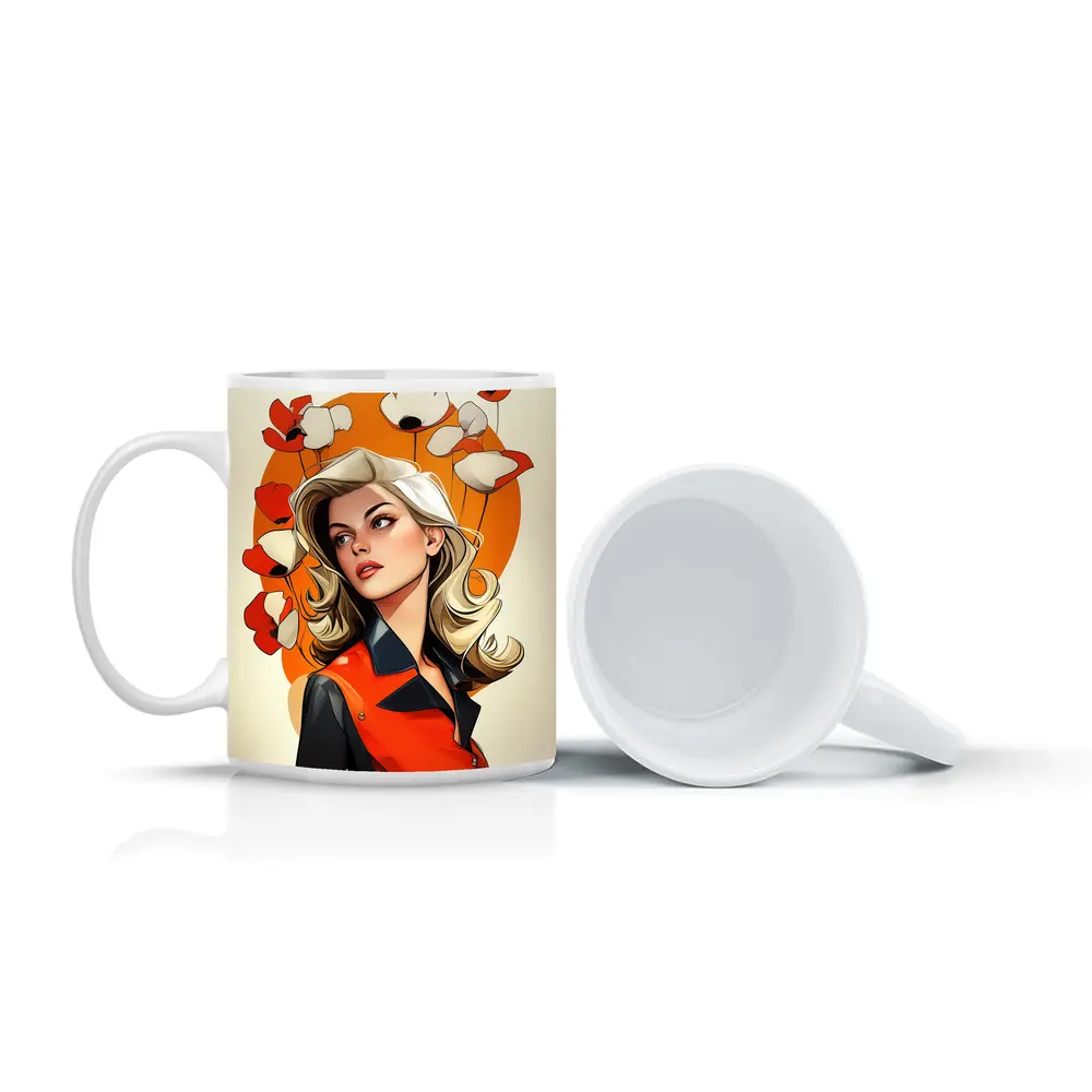 Retro Blonde Woman Poppies Orange Circle Art – Mugs