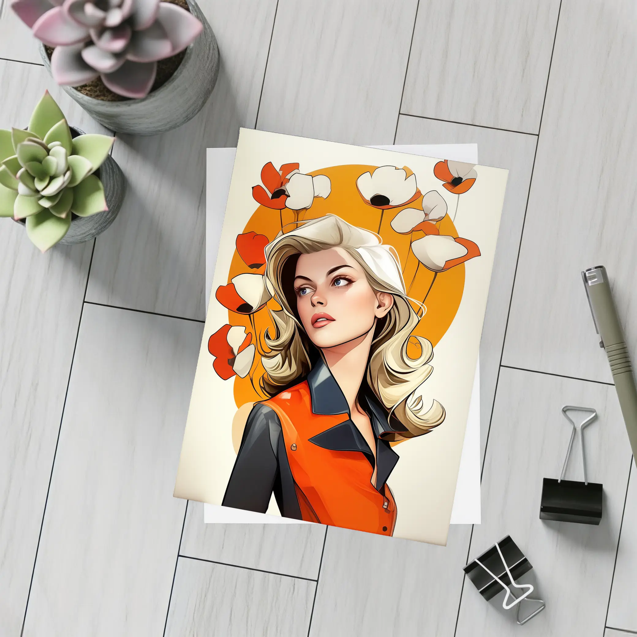 Retro Blonde Woman Poppies Orange Circle Art – Postcards