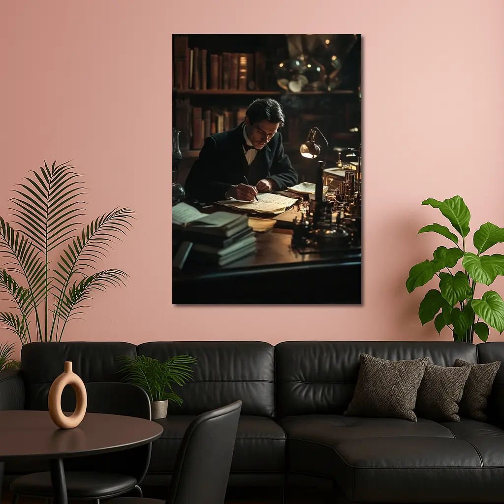 Victorian Scholar Writing At Dark Study Desk – Wall Art