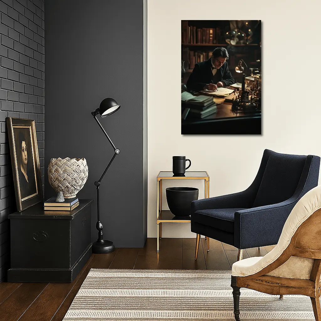 Victorian Scholar Writing At Dark Study Desk – Wall Art