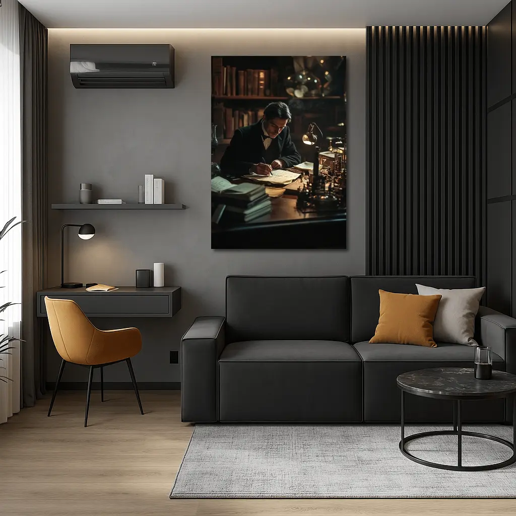 Victorian Scholar Writing At Dark Study Desk – Wall Art