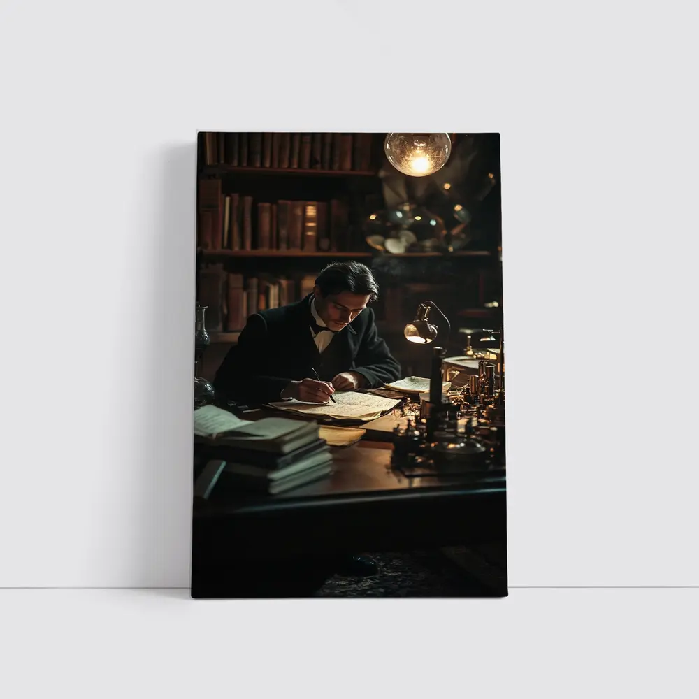 Victorian Scholar Writing At Dark Study Desk – Wall Art