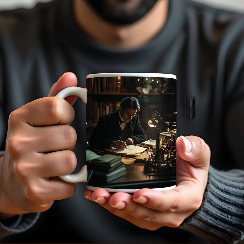 Victorian Scholar Writing At Dark Study Desk – Mugs