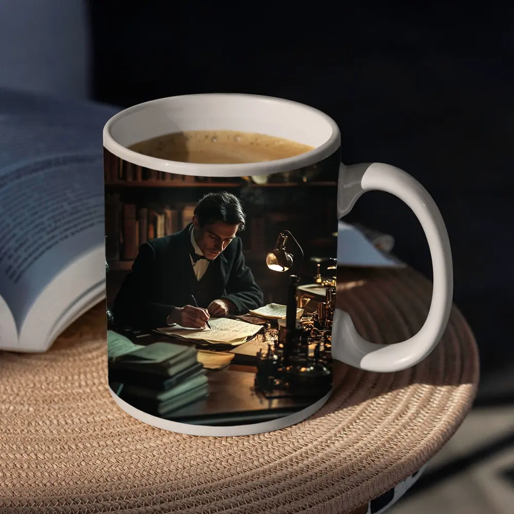 Victorian Scholar Writing At Dark Study Desk – Mugs