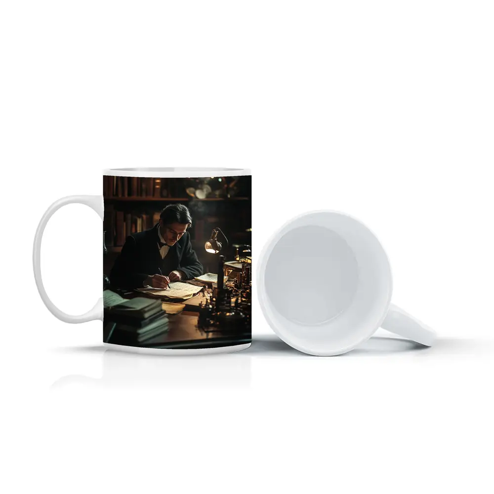 Victorian Scholar Writing At Dark Study Desk – Mugs