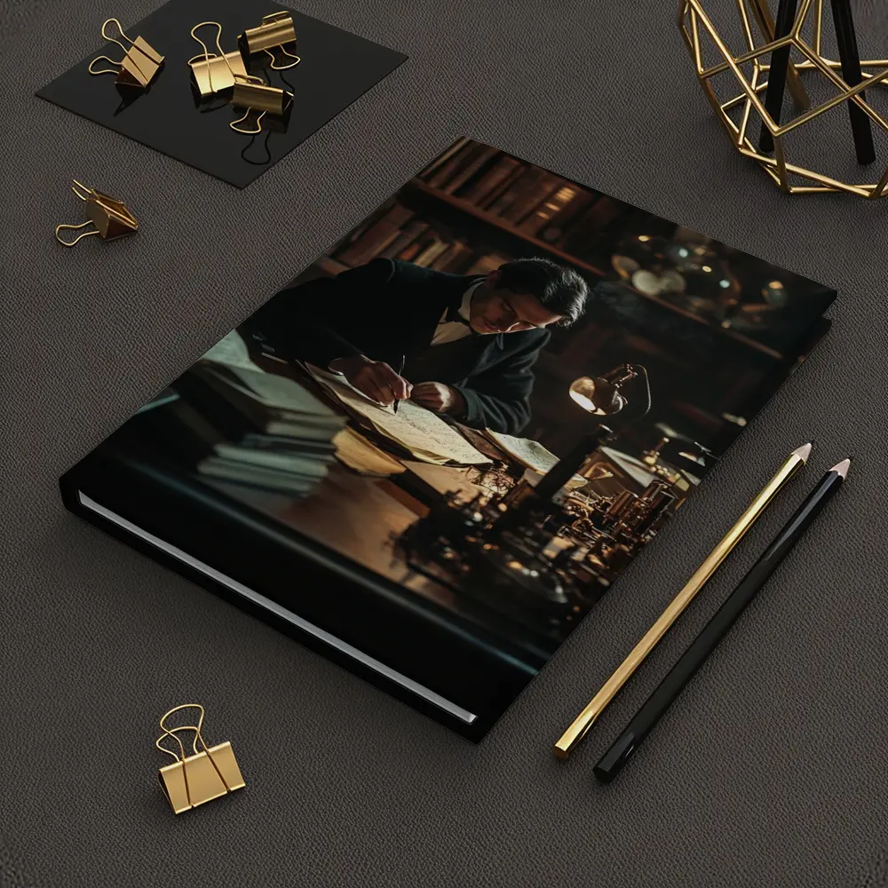 Victorian Scholar Writing At Dark Study Desk – Notebooks