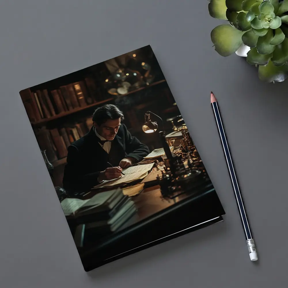 Victorian Scholar Writing At Dark Study Desk – Notebooks