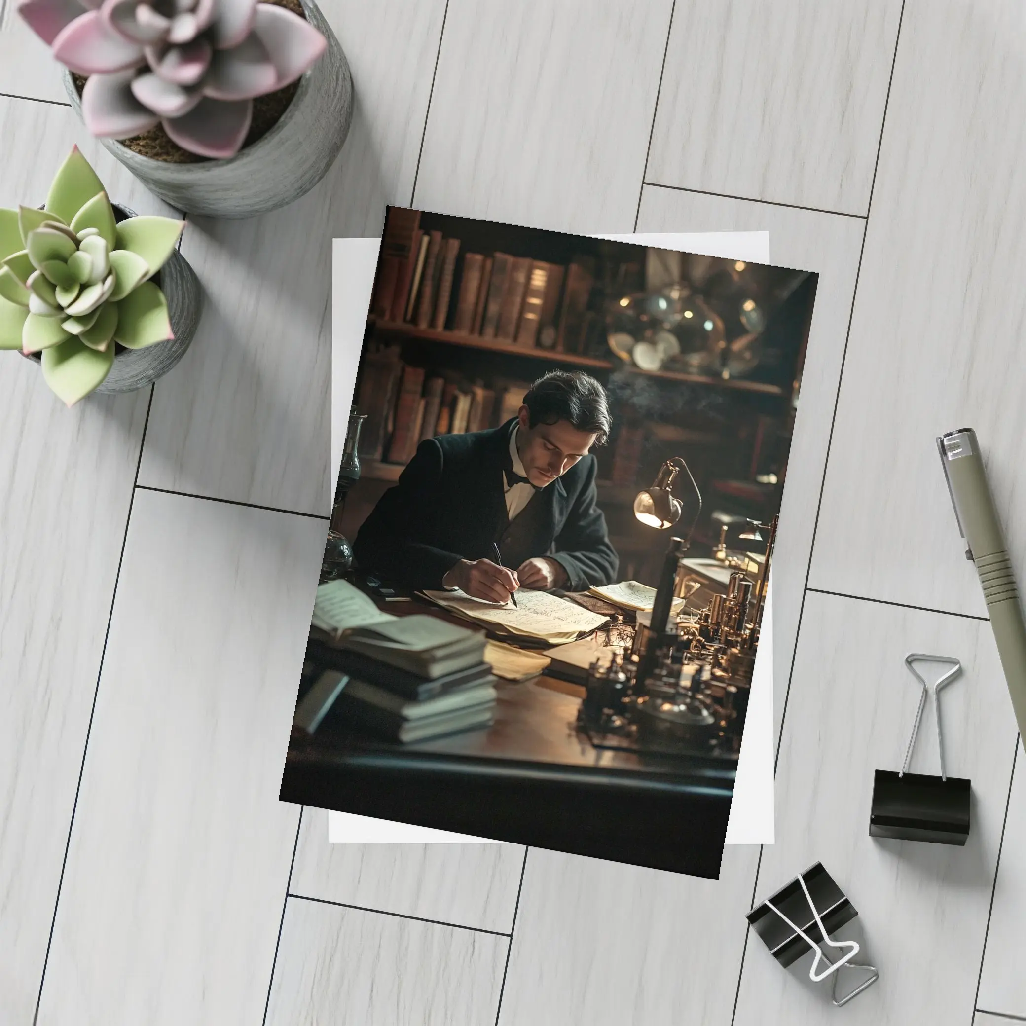 Victorian Scholar Writing At Dark Study Desk – Postcards