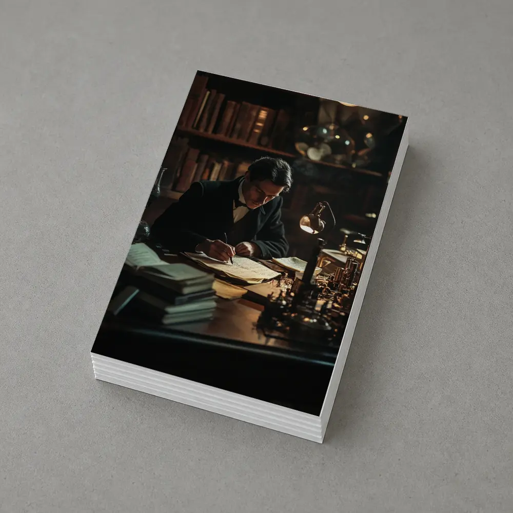 Victorian Scholar Writing At Dark Study Desk – Postcards
