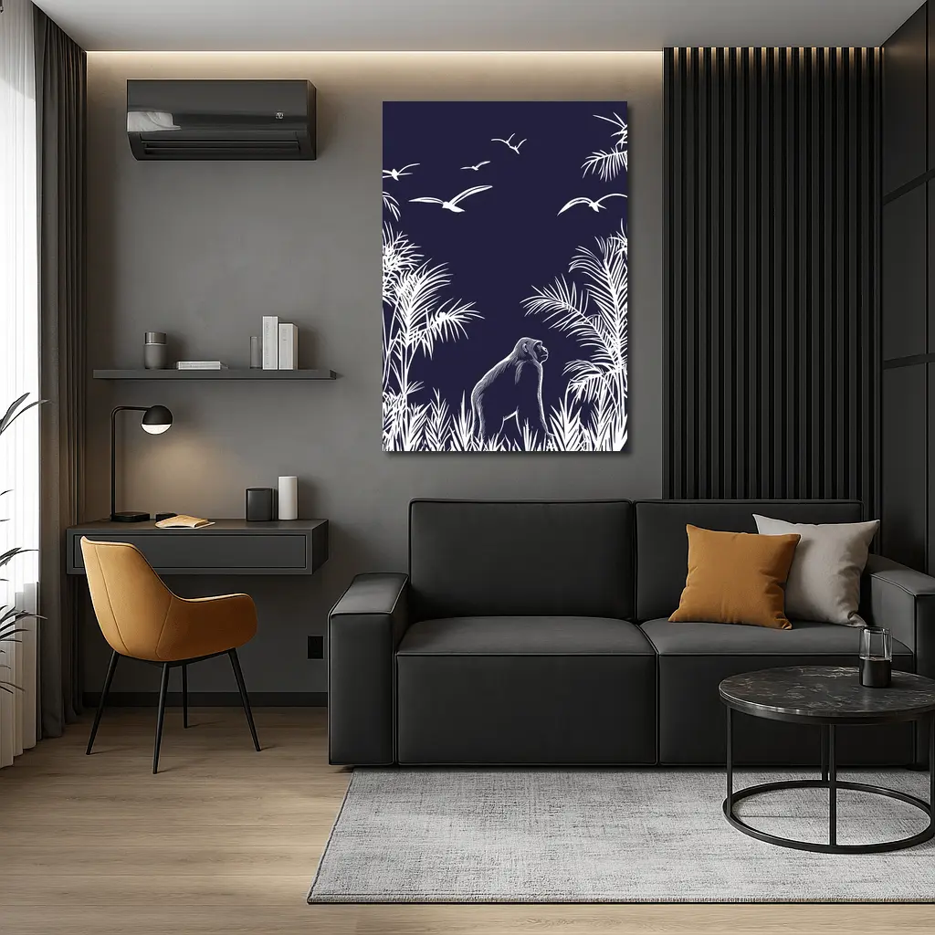 Gorilla Watching Birds Dark Jungle Scene – Wall Art