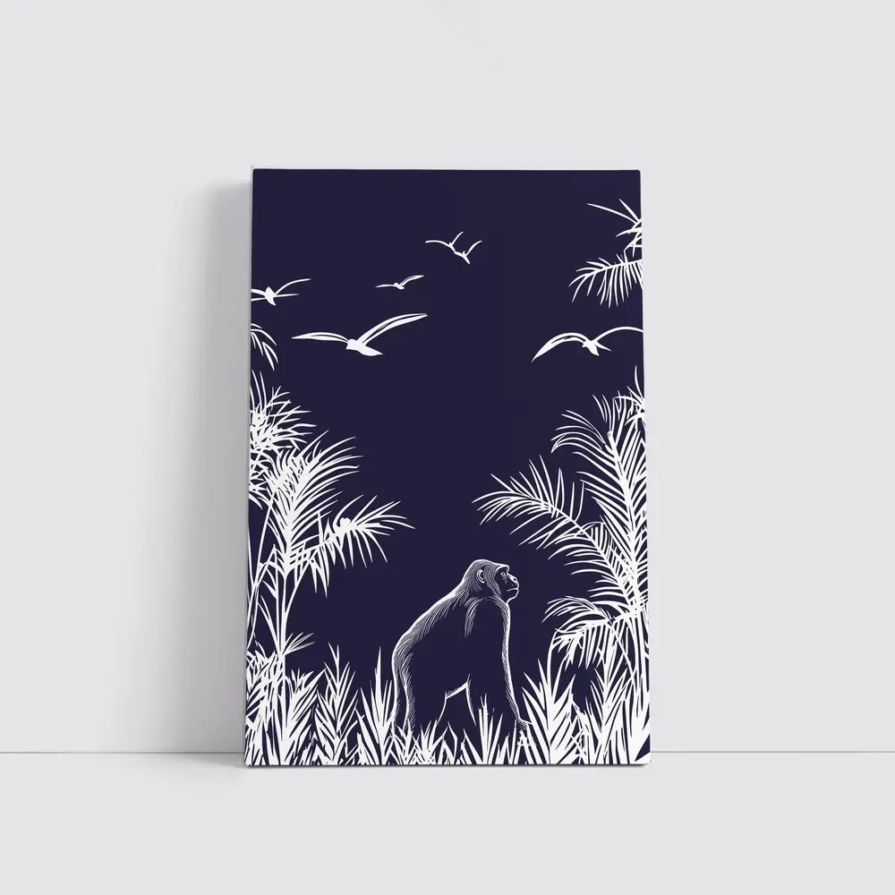 Gorilla Watching Birds Dark Jungle Scene – Wall Art