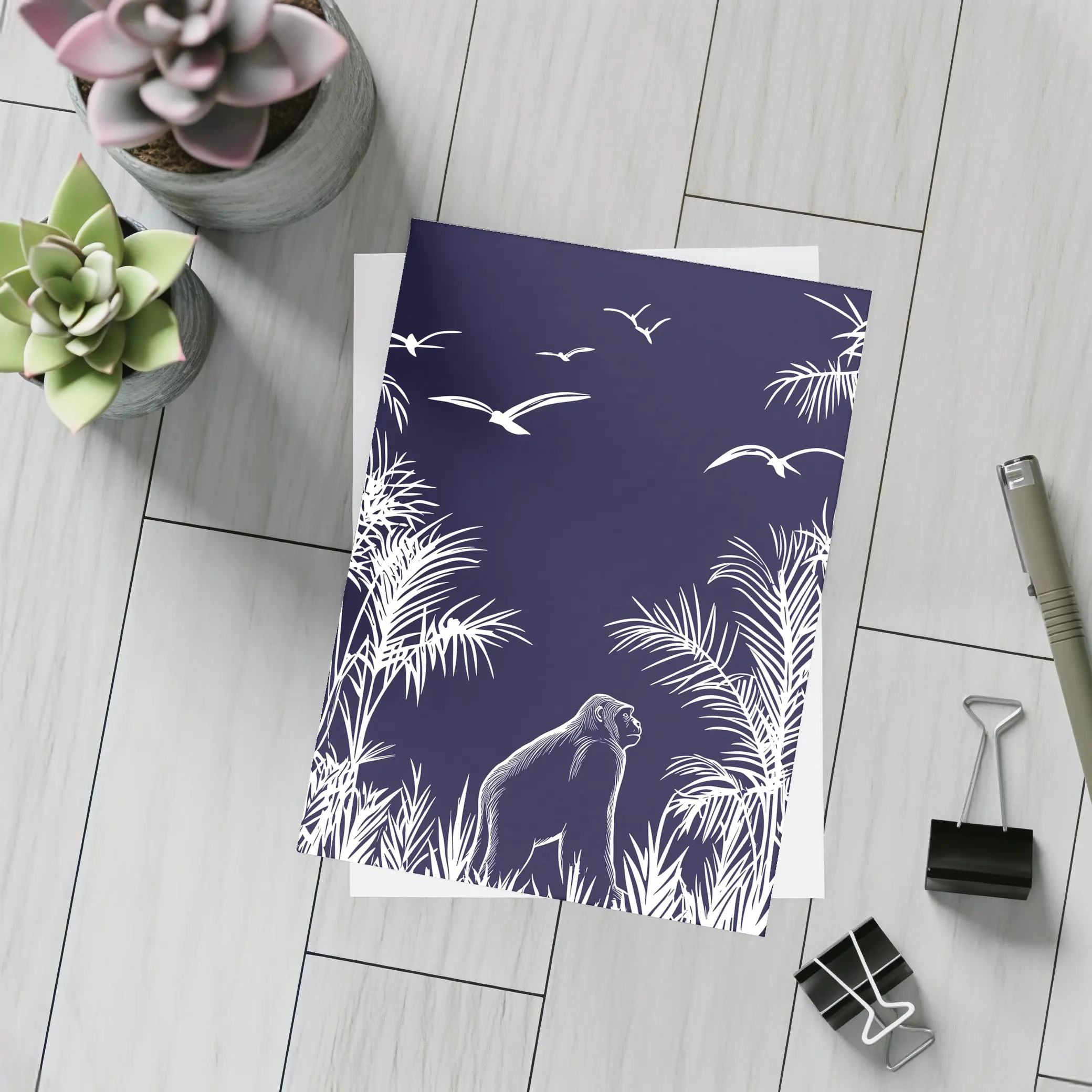 Gorilla Watching Birds Dark Jungle Scene – Postcards