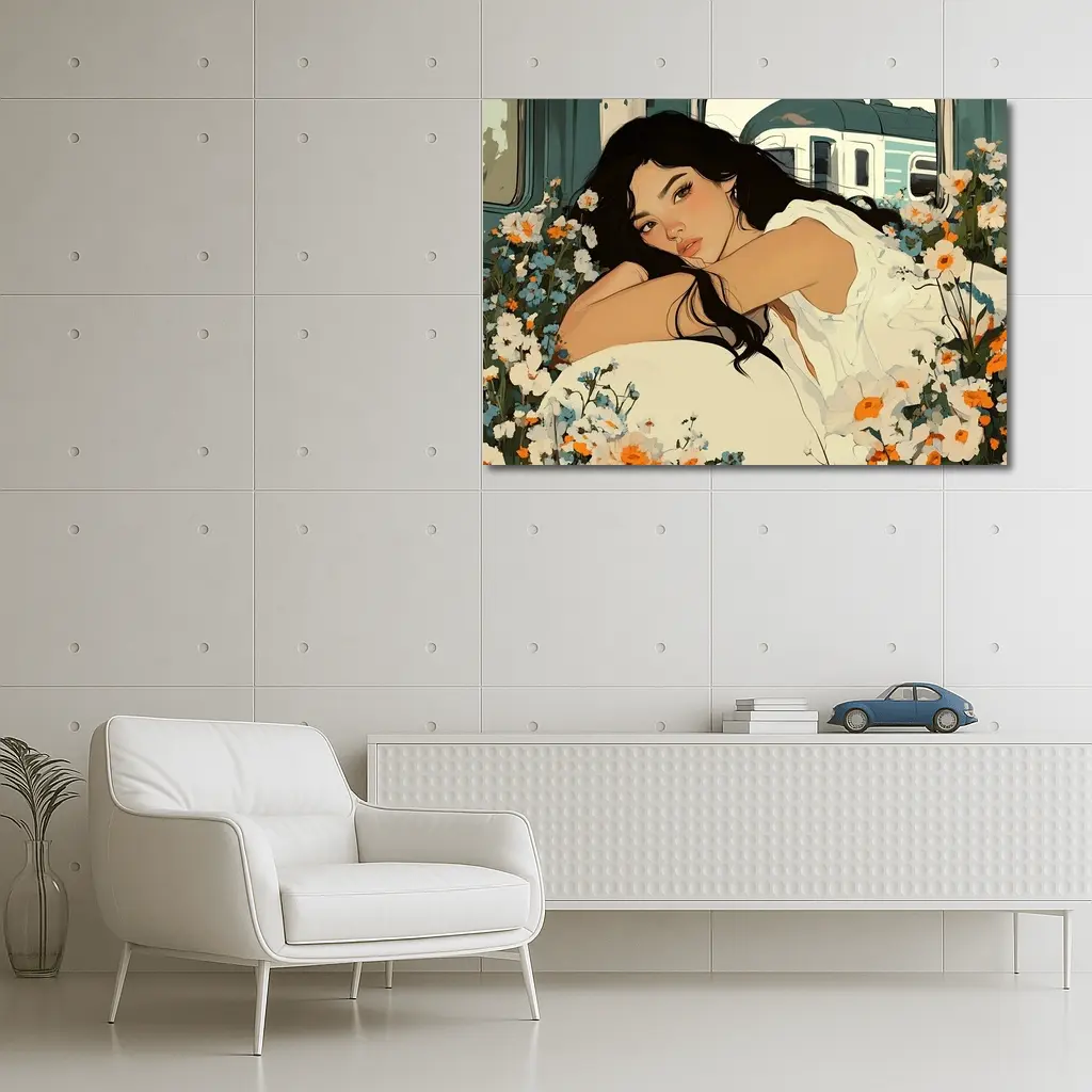 Woman Resting Among Wildflowers Train Illustration – Wall Art