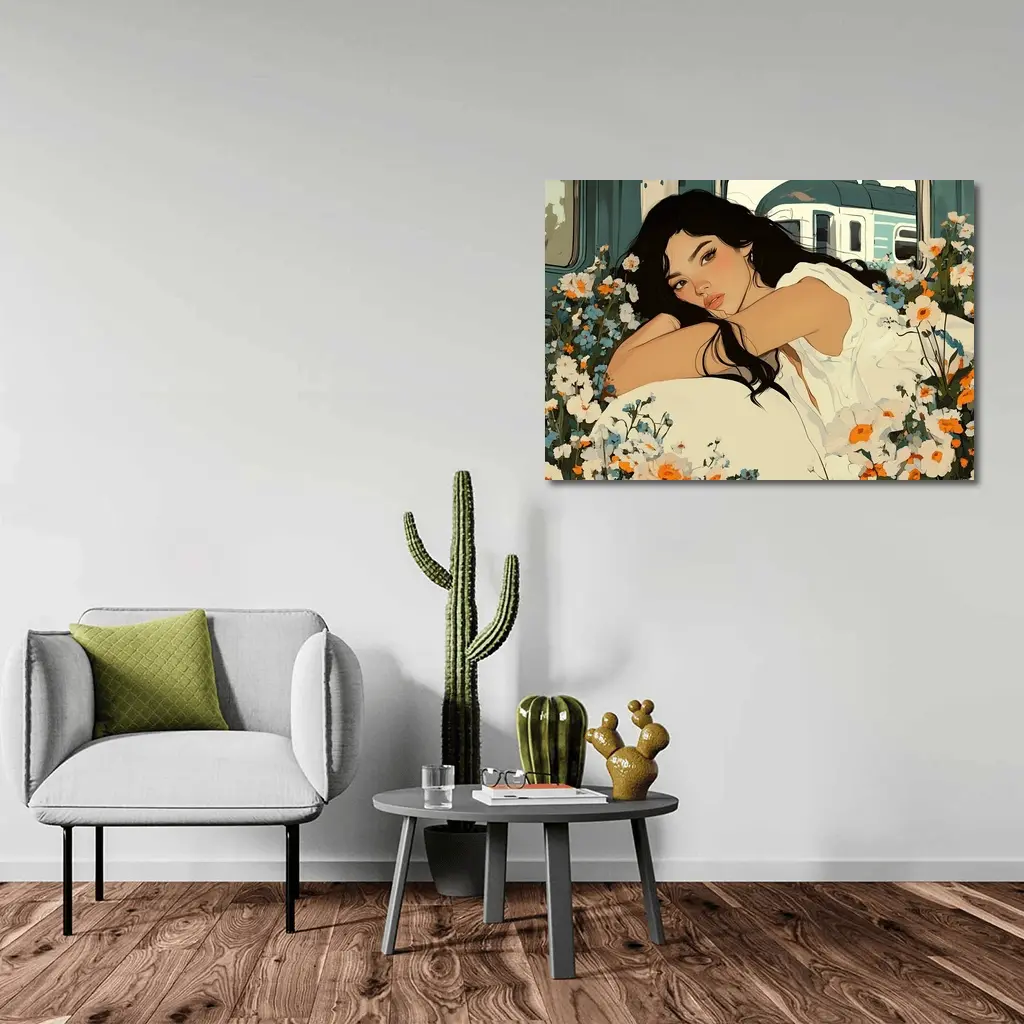 Woman Resting Among Wildflowers Train Illustration – Wall Art