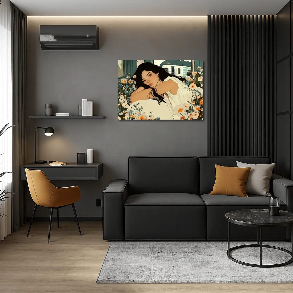 Woman Resting Among Wildflowers Train Illustration – Wall Art