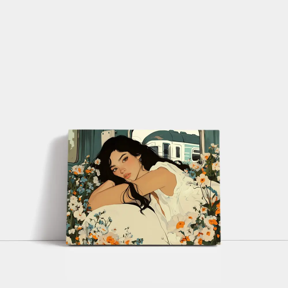 Woman Resting Among Wildflowers Train Illustration – Wall Art