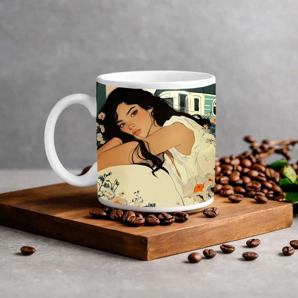 Woman Resting Among Wildflowers Train Illustration – Mugs