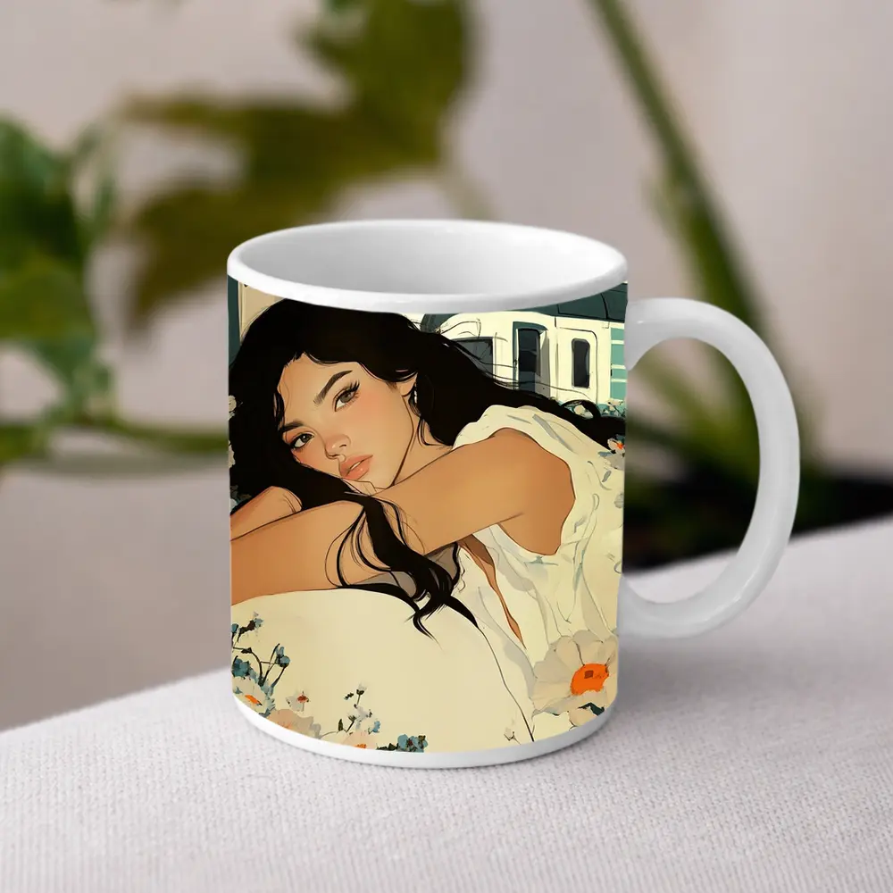 Woman Resting Among Wildflowers Train Illustration – Mugs