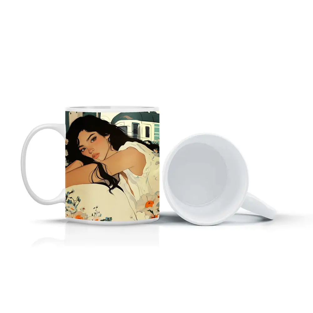 Woman Resting Among Wildflowers Train Illustration – Mugs