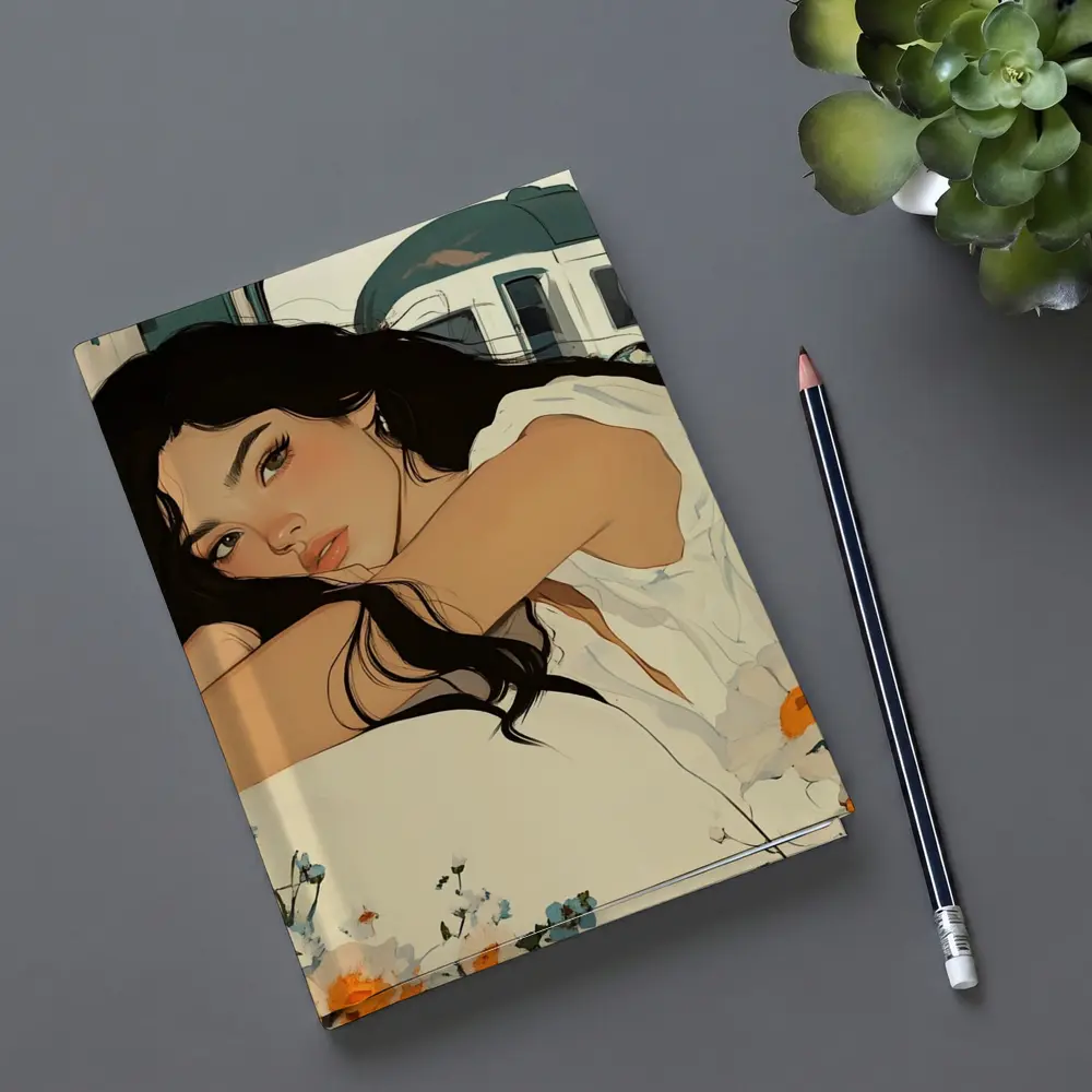 Woman Resting Among Wildflowers Train Illustration – Notebooks