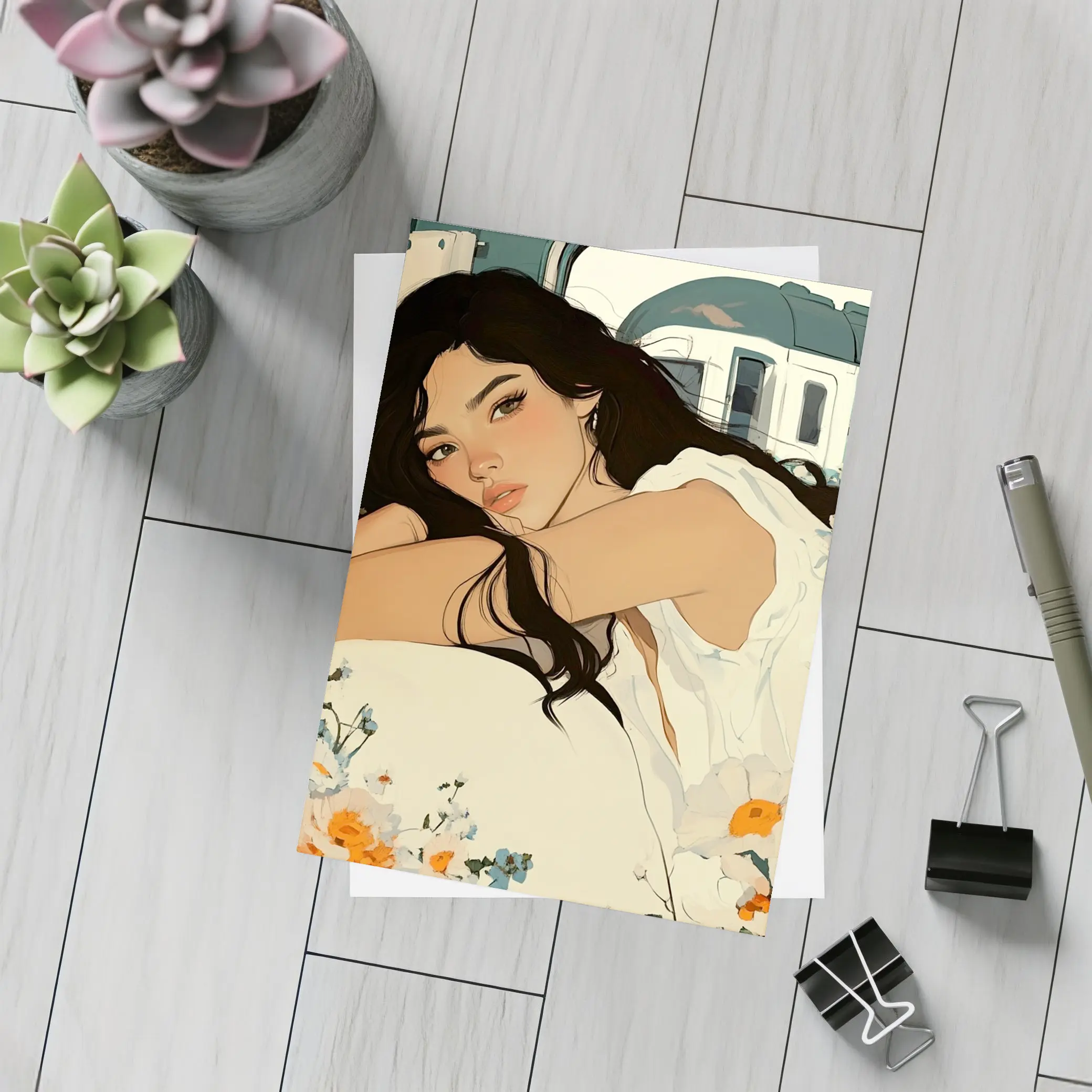 Woman Resting Among Wildflowers Train Illustration – Postcards