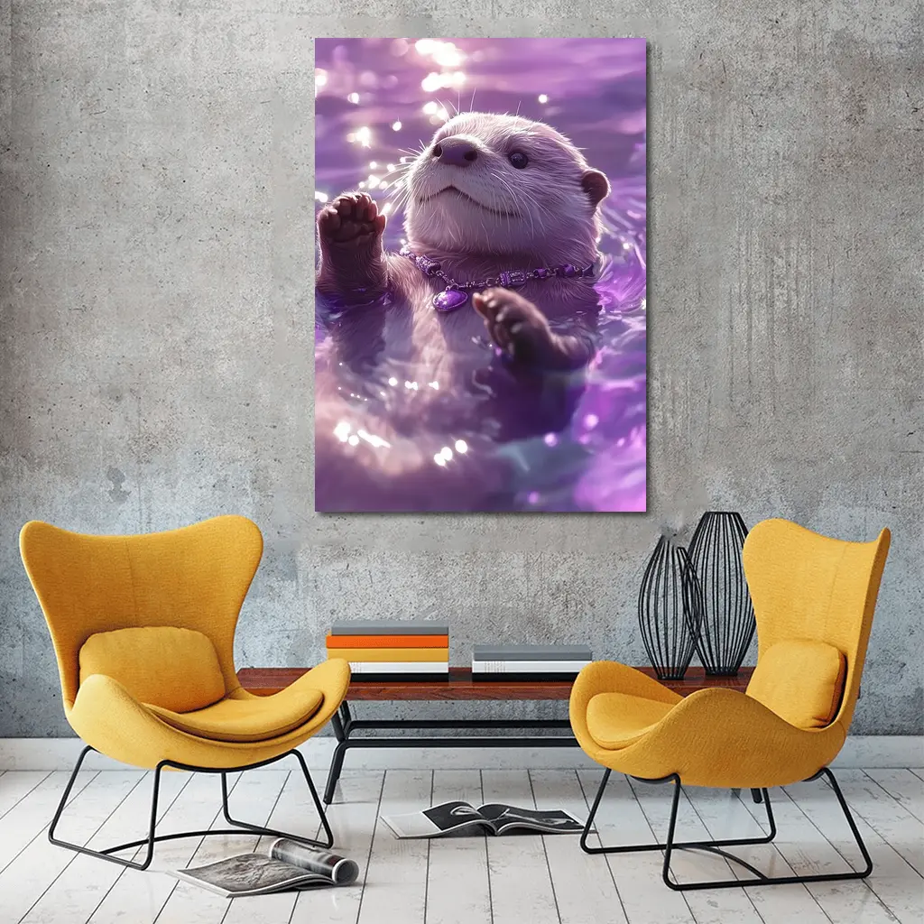 White Otter Swimming Purple Glowing Water – Wall Art