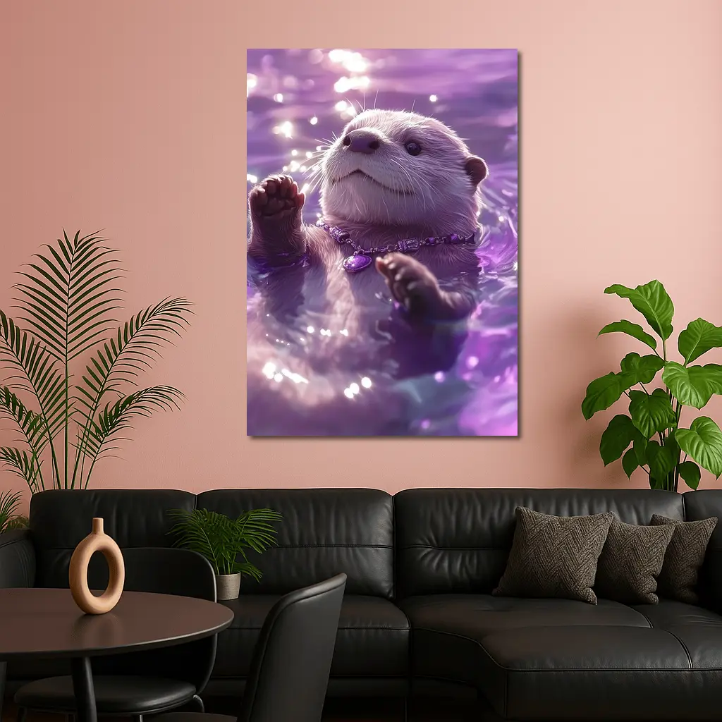 White Otter Swimming Purple Glowing Water – Wall Art