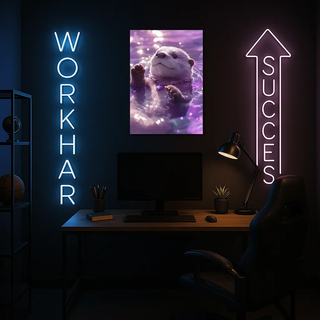White Otter Swimming Purple Glowing Water – Wall Art