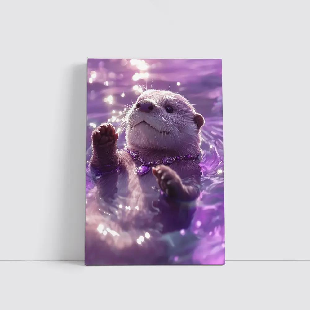 White Otter Swimming Purple Glowing Water – Wall Art