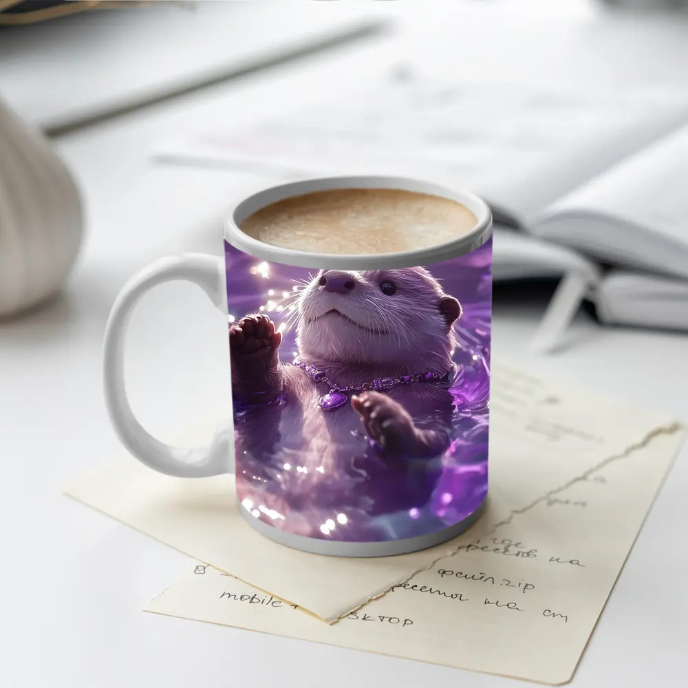 White Otter Swimming Purple Glowing Water – Mugs