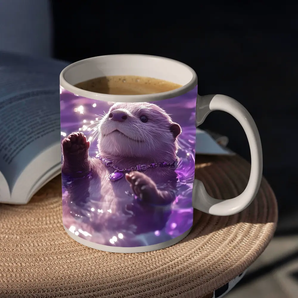White Otter Swimming Purple Glowing Water – Mugs