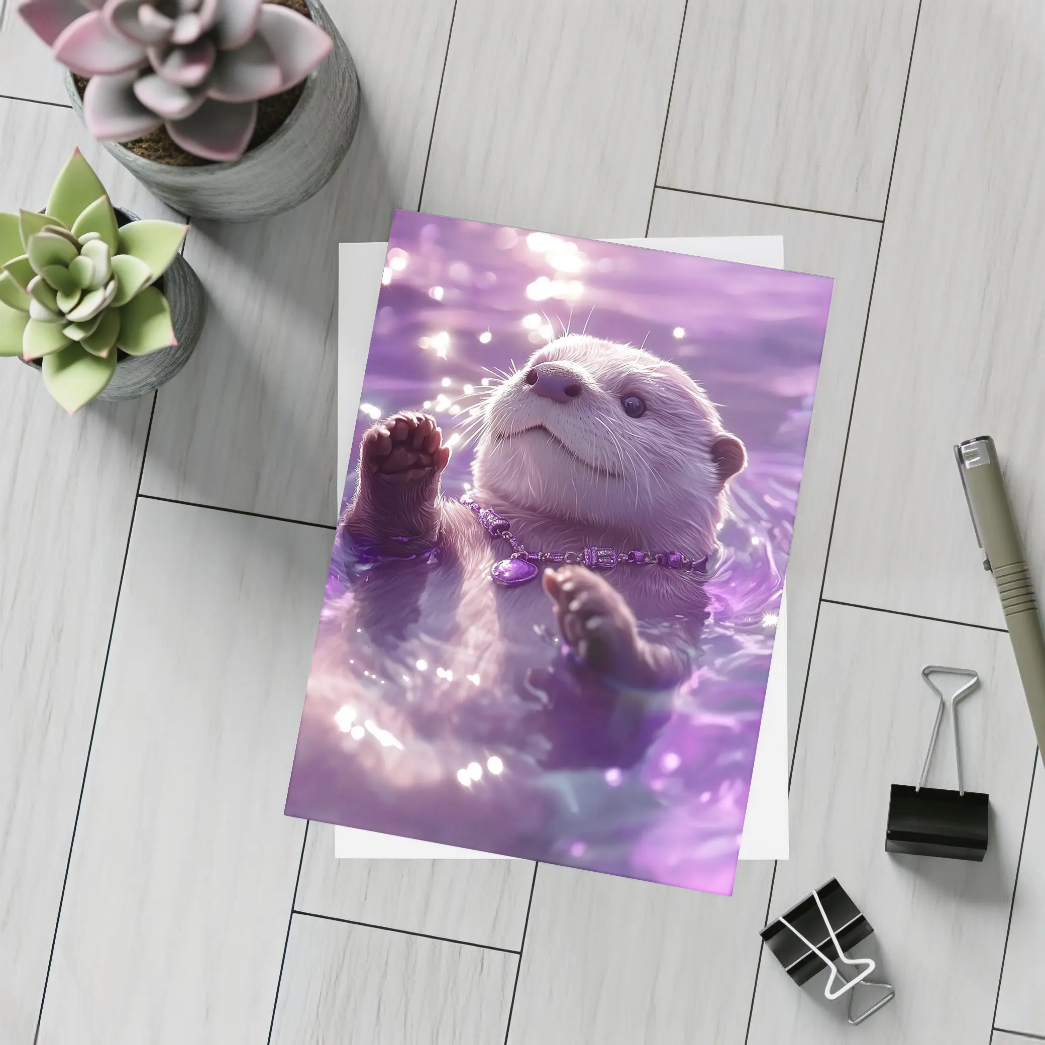 White Otter Swimming Purple Glowing Water – Postcards