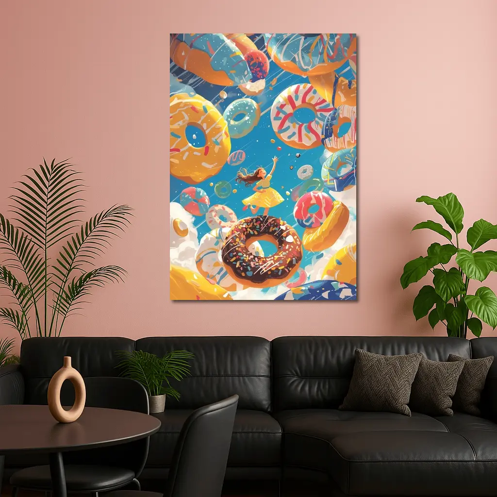 Girl Flying Among Colorful Donuts Blue Sky – Wall Art