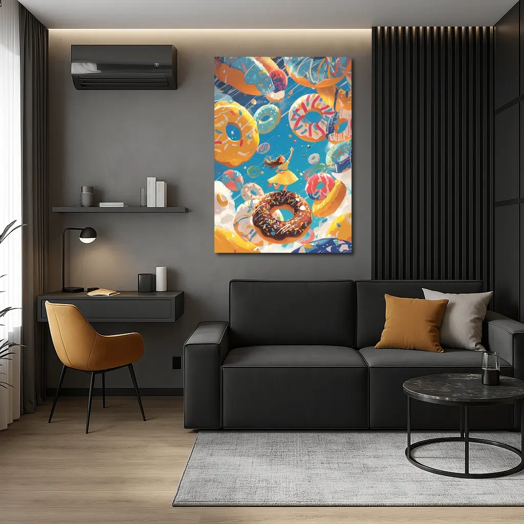Girl Flying Among Colorful Donuts Blue Sky – Wall Art