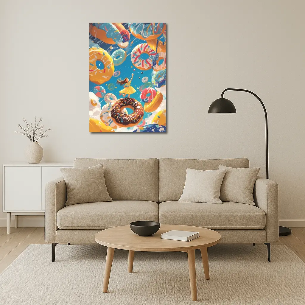 Girl Flying Among Colorful Donuts Blue Sky – Wall Art