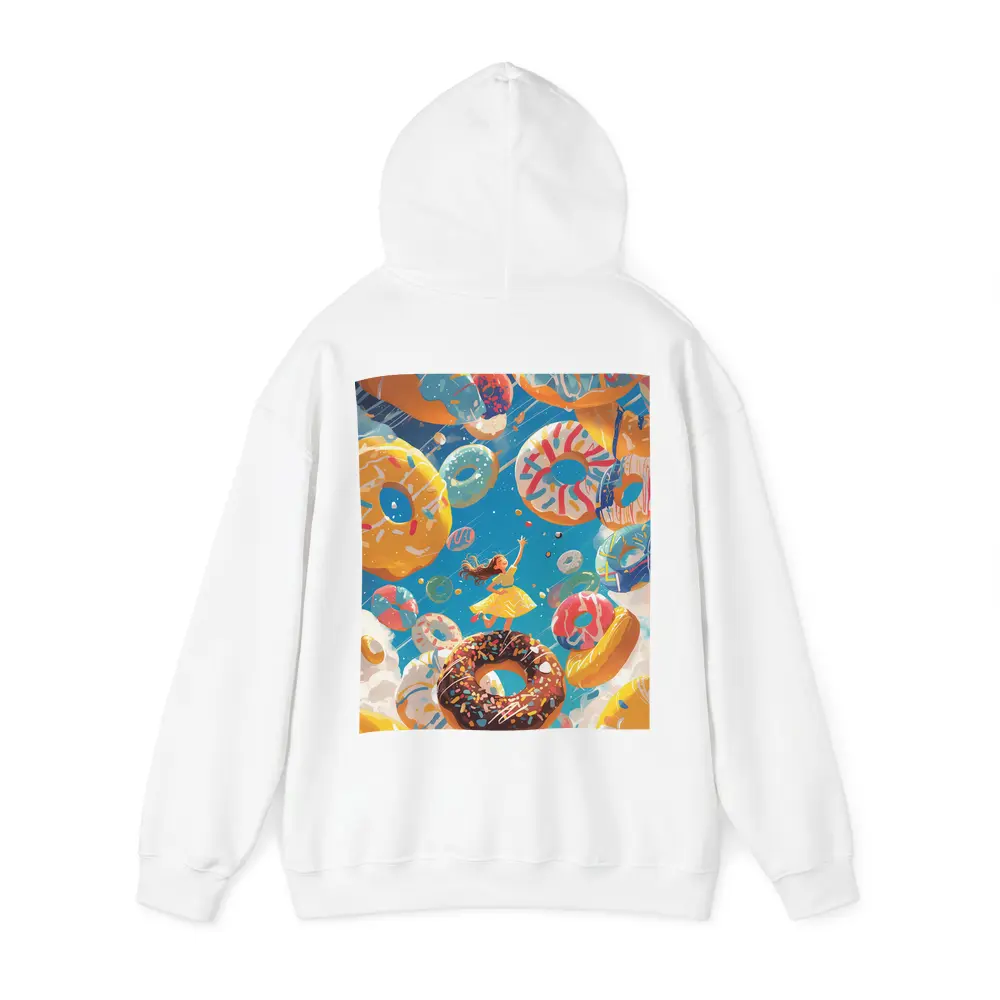 Girl Flying Among Colorful Donuts Blue Sky – Hoodies