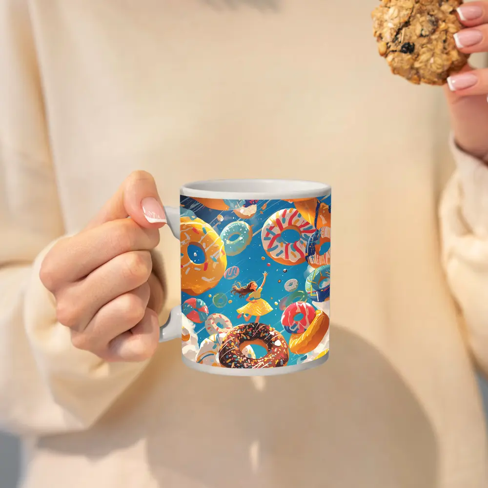 Girl Flying Among Colorful Donuts Blue Sky – Mugs