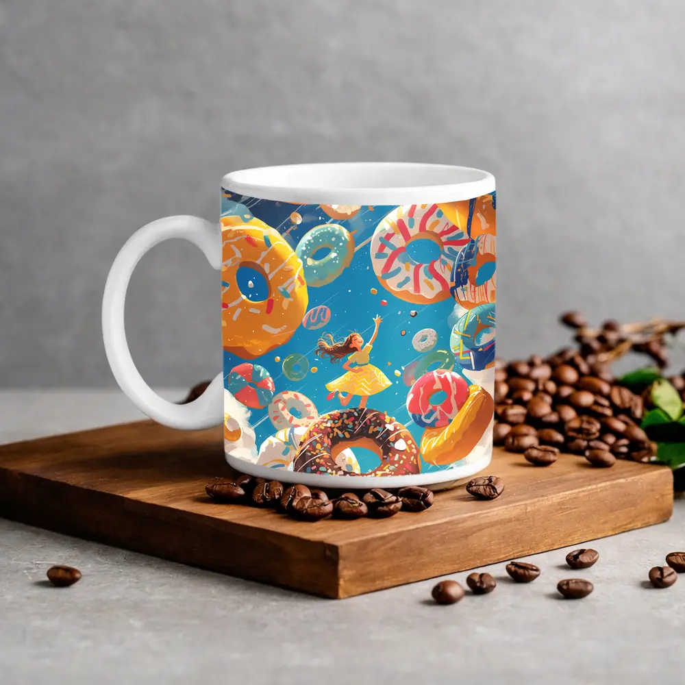 Girl Flying Among Colorful Donuts Blue Sky – Mugs