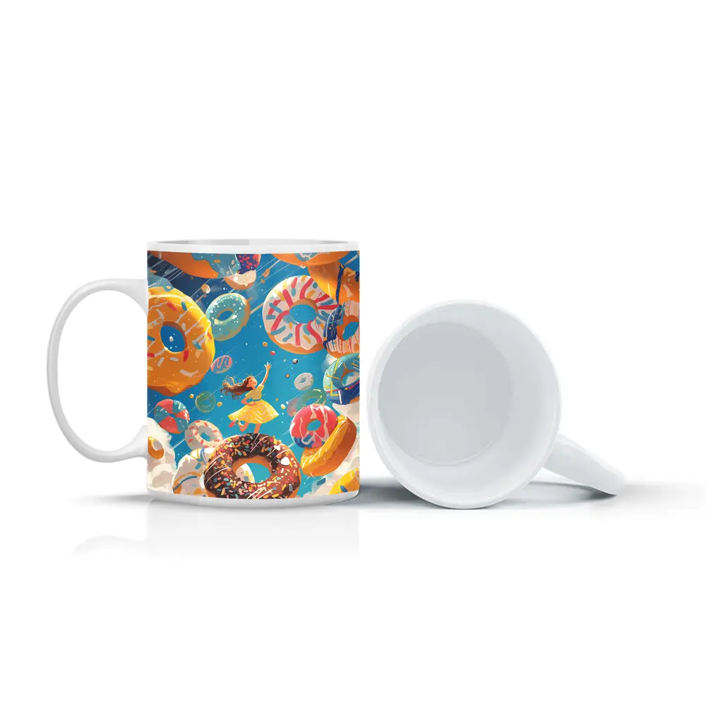 Girl Flying Among Colorful Donuts Blue Sky – Mugs