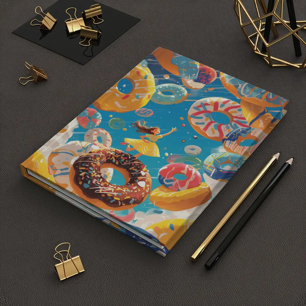 Girl Flying Among Colorful Donuts Blue Sky – Notebooks