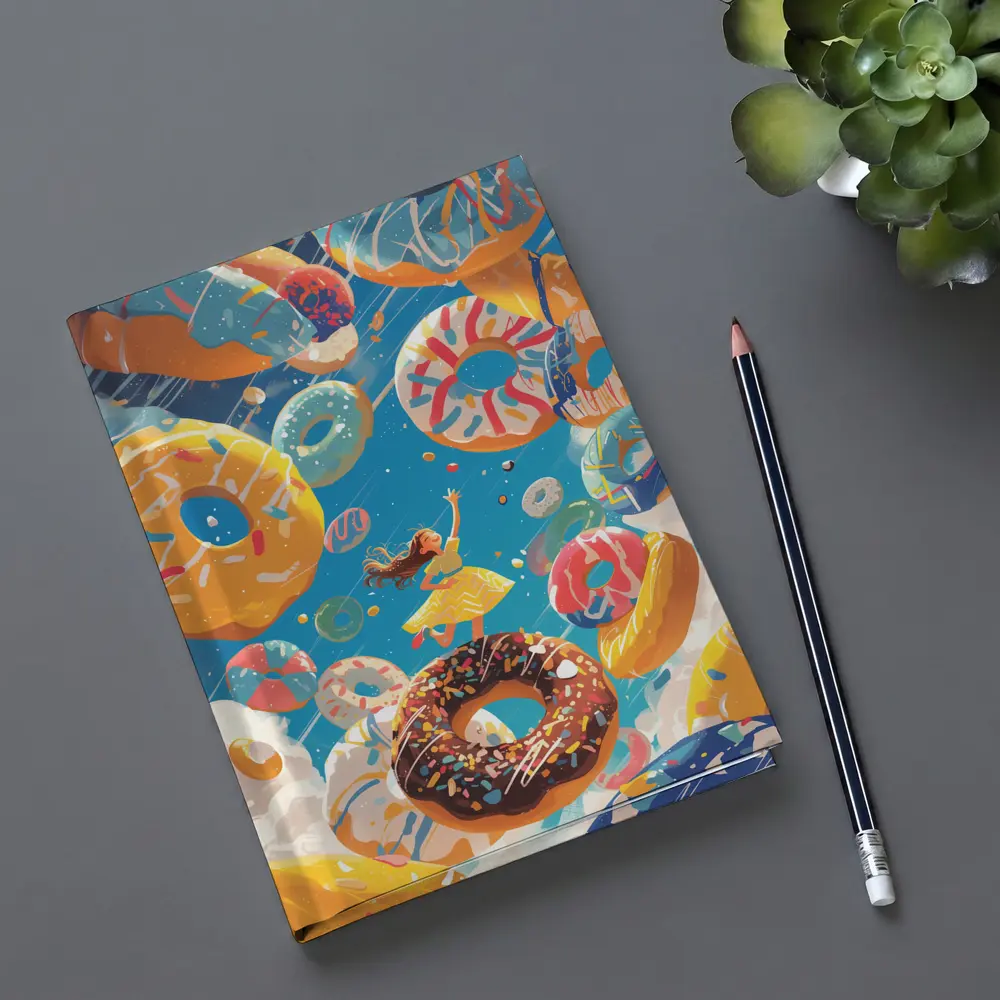 Girl Flying Among Colorful Donuts Blue Sky – Notebooks