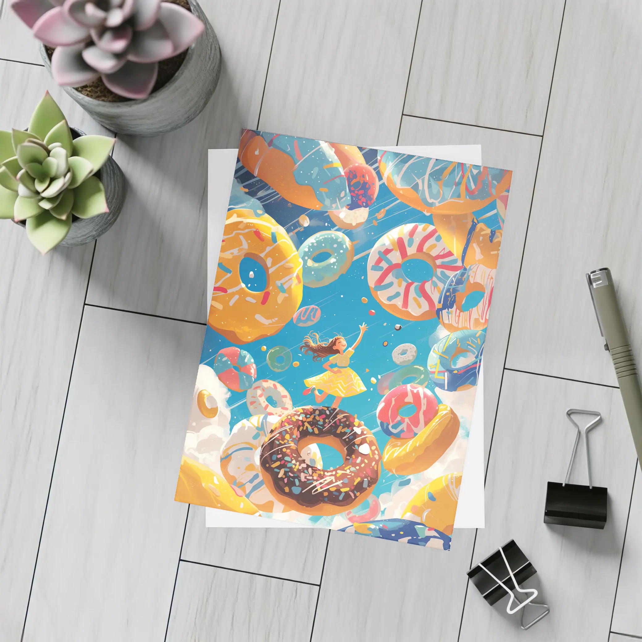 Girl Flying Among Colorful Donuts Blue Sky – Postcards