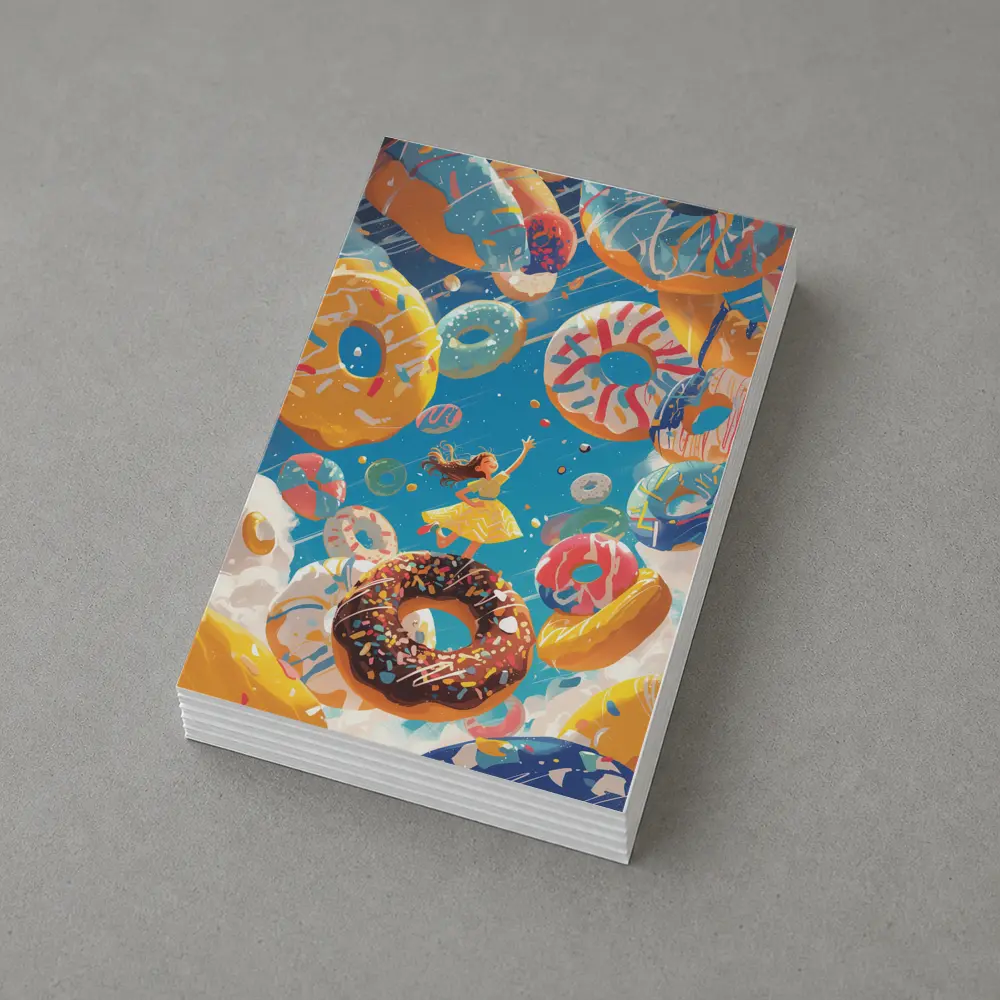 Girl Flying Among Colorful Donuts Blue Sky – Postcards