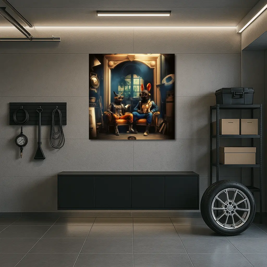 Steampunk Rabbits Sitting In Dark Room – Wall Art