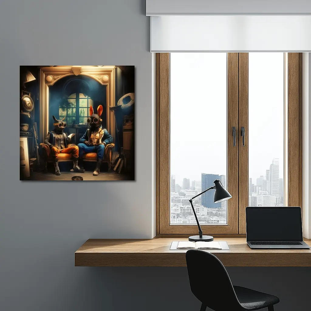 Steampunk Rabbits Sitting In Dark Room – Wall Art