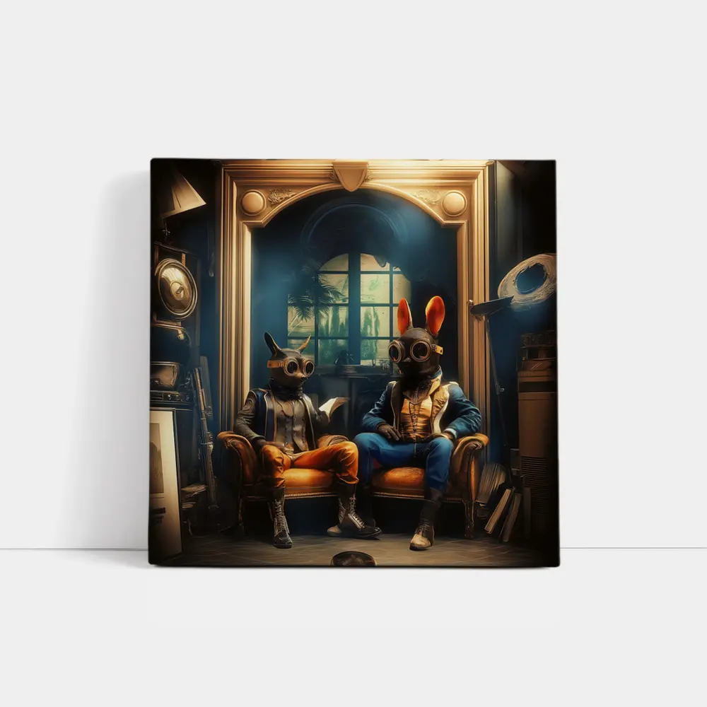 Steampunk Rabbits Sitting In Dark Room – Wall Art