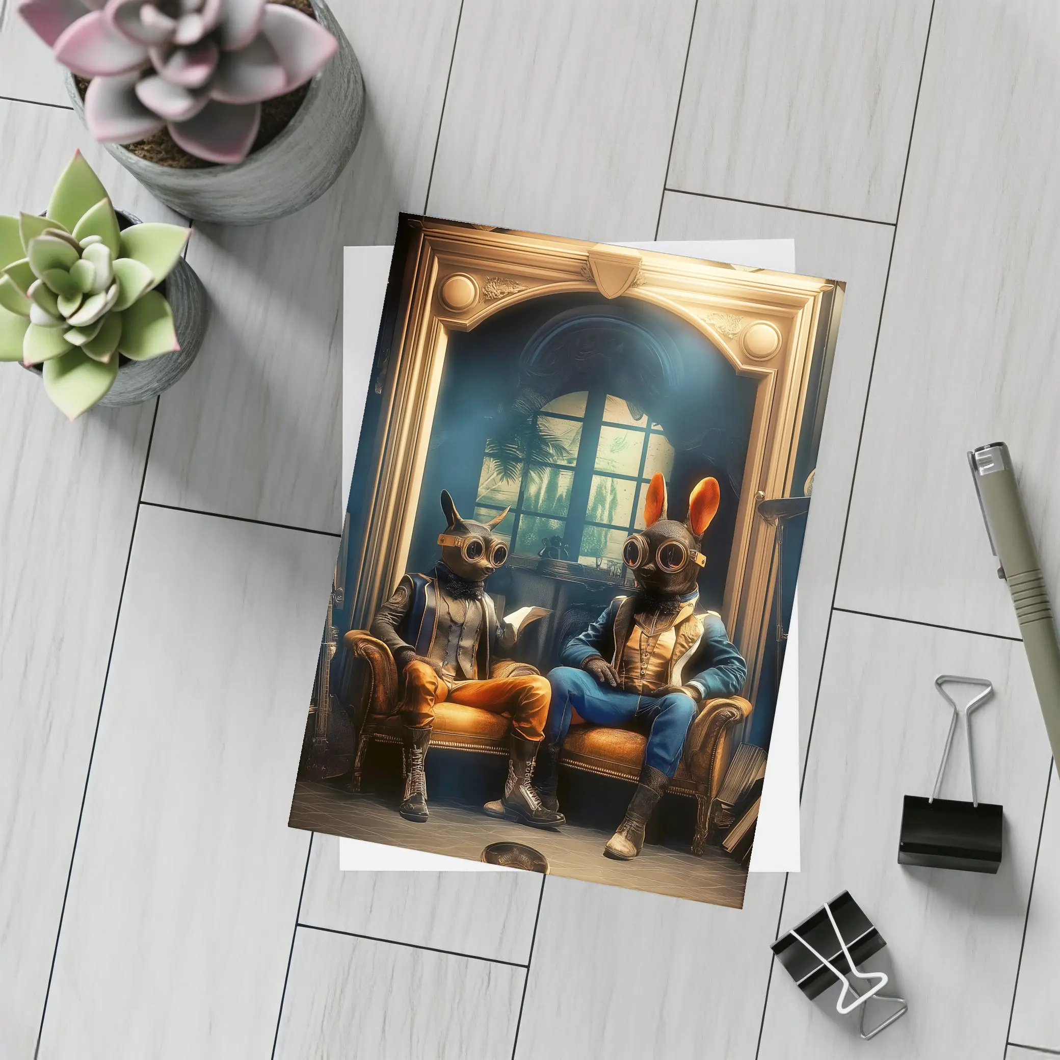 Steampunk Rabbits Sitting In Dark Room – Postcards